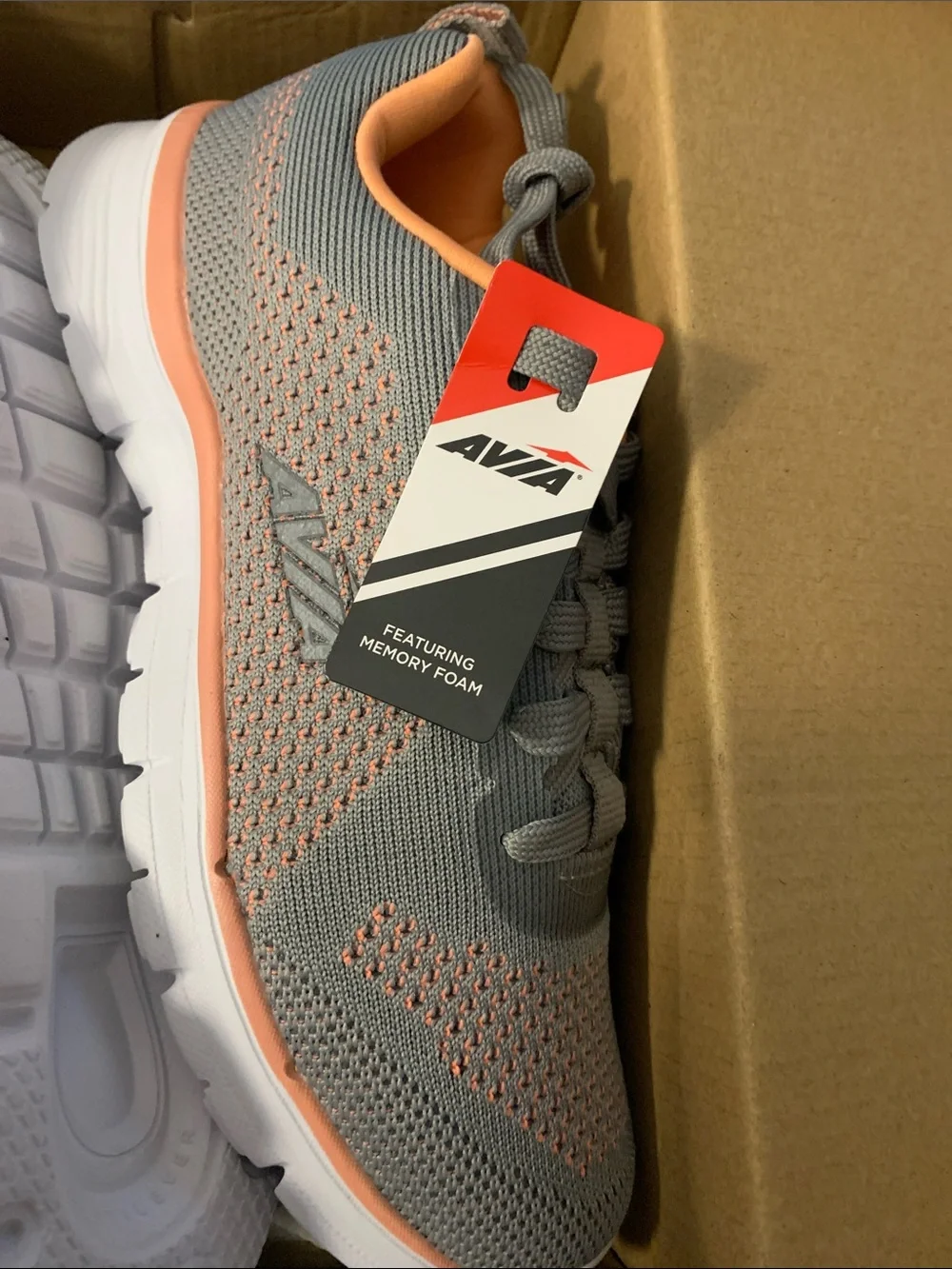 Avia Women's Gray Knit Walking Shoes with Peach Accents